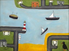 # Steve CAMPS (Cornish Contemporary b.1957) Harbour With Lighthouse And Chough Acrylic on board