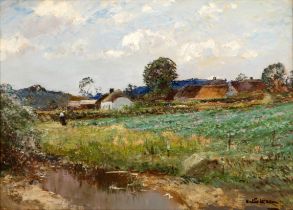 Walter McADAM (British 1866-1935) Pond At The Edge Of A Village Oil on canvas Signed lower right