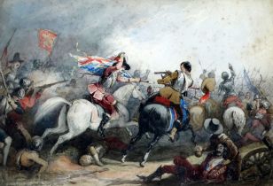 George CATTERMOLE (British 1800-1868) Civil War Skirmish Watercolour Signed lower left Framed and