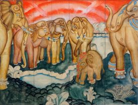 Asian School (20th Century) Elephant Family Watercolour Framed and glazed Picture size 28 x 36cm