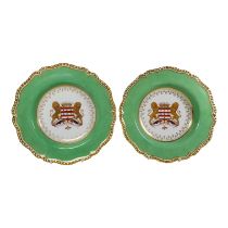 A pair of Flight Barr & Barr armorial plates - coronet, shield and lions within an apple green