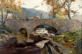 Henry JOBSON-BELL (British 1866-1935) Haycart Crossing A Stone Bridge Oil on canvas Signed and dated