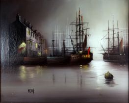 Barry HILTON (British b. 1941) Ship in a Moonlit Harbour Oil on canvas Signed lower left Framed