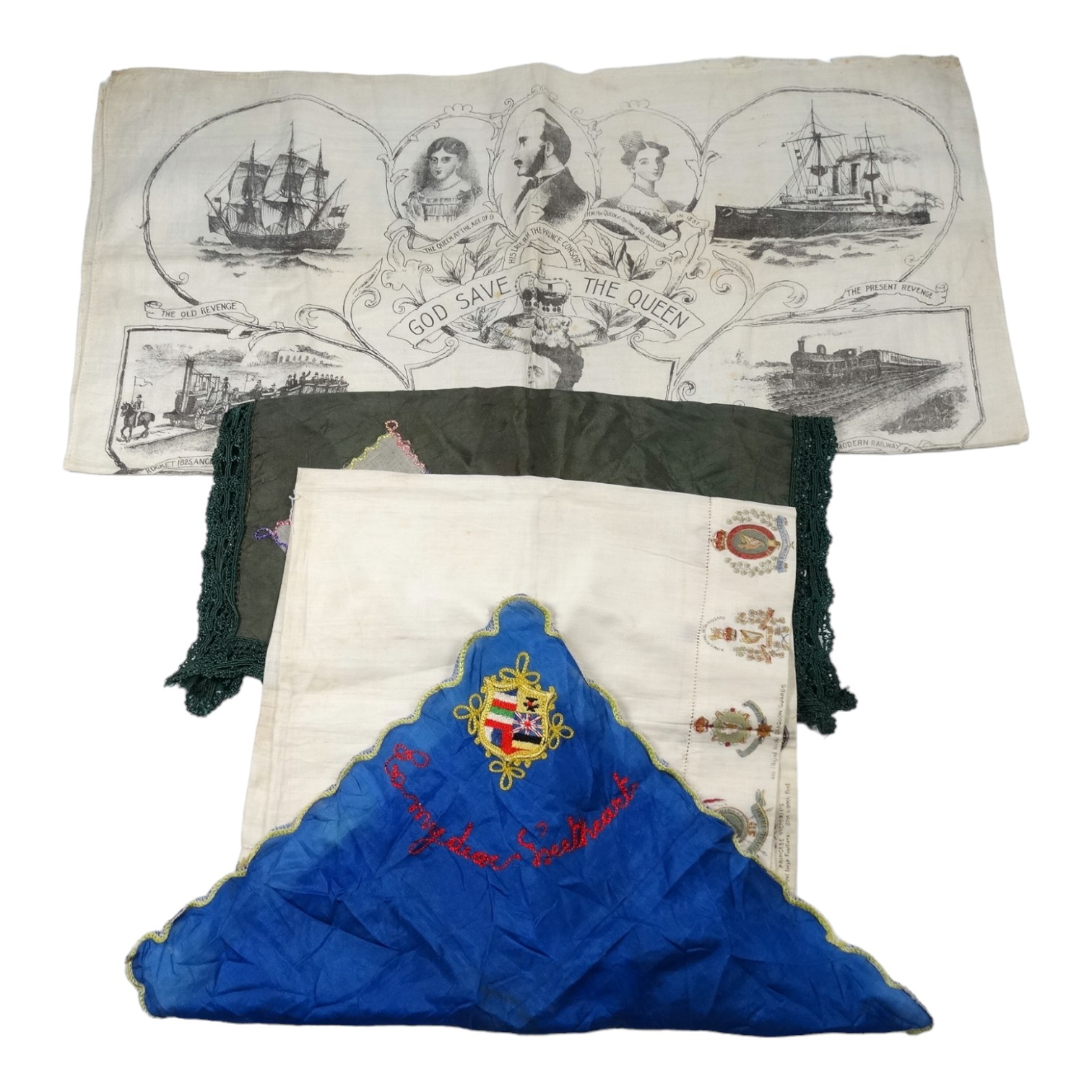 An early 20th century sweetheart handkerchief - blue silk and embroidered 'Go My Dear Sweetheart',