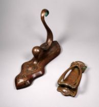A late 19th century Art Nouveau style brass knocker - height 18cm, together with a planished
