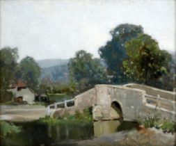 20th Century British School Eynsford Bridge, Kent Oil on panel Framed and glazed Picture size 37 x