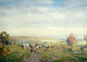 Max LUDBY (British 1858-1943) Cattle on a Country Road Watercolour Signed lower left Framed and