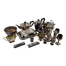 A quantity of 20th century plated wares - including a four piece tea service, a pair of goblets, a