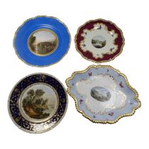 A Worcester plate - decorated with a view of Virginia Water, diameter 26cm, together with three