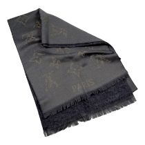 A Louis Vuitton cashmere and wool scarf - dark grey with gilt weft logo decoration, 120 x 32cm.