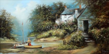 Les PARSONS (British 1945) Two Boys Fishing In A Creek Oil on canvas Signed lower right Framed