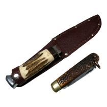 A 20th century Bowie knife by J. Nowill & Sons - with horn handle and brown leather sheath, together