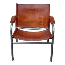 A modernist leather and tubular steel chair - with tan leather back, arms and seat.