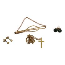A 9ct gold tie clip - together with a 9ct gold cross on a fine link chain and two pairs of ear