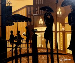 20th Century Continental School Street Scene in Silhouette Acrylic on board Indistinctly signed