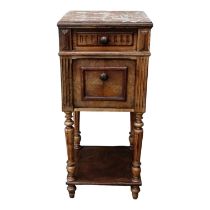 A late 19th century walnut marble top bedside cabinet - the square rouge marble top above a drawer