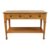 A George III style mahogany satinwood banded side table - the rectangular top above two frieze