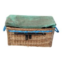 An early 20th century wicker laundry hamper/storage basket - rectangular with a green canvas top