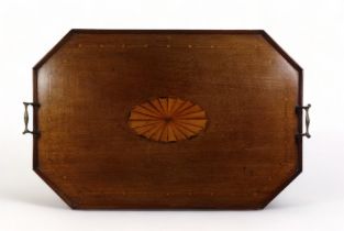 An Edwardian mahogany tray - rectangular with cusped corners and brass handles, inlaid with an