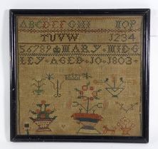 An early 19th century sampler - Mary Midgley, aged 10, 1803, decorated with flowers, framed and