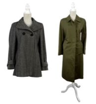 A Burberry trench coat - olive green with traditional lining, length 120cm, together with a ladies