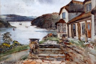 Sidney James BEER (British 1875 - 1952) Cottage Above An Estuary With A Flying Boat Watercolour