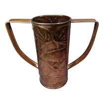 A Newlyn Copper twin handled vase - with straight sides and repousse decorated with fish and