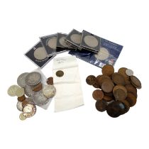 A collection of coins - including UK commemorative crowns and pre-decimal coinage