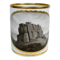 A Flight & Bar Worcester mug - decorated en grisaille with an image of Logging Rock Cornwall by