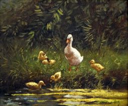 After Constant David Ludovic ARTZ (1870-1951) Duck with Ducklings Oil on board Indistinctly signed