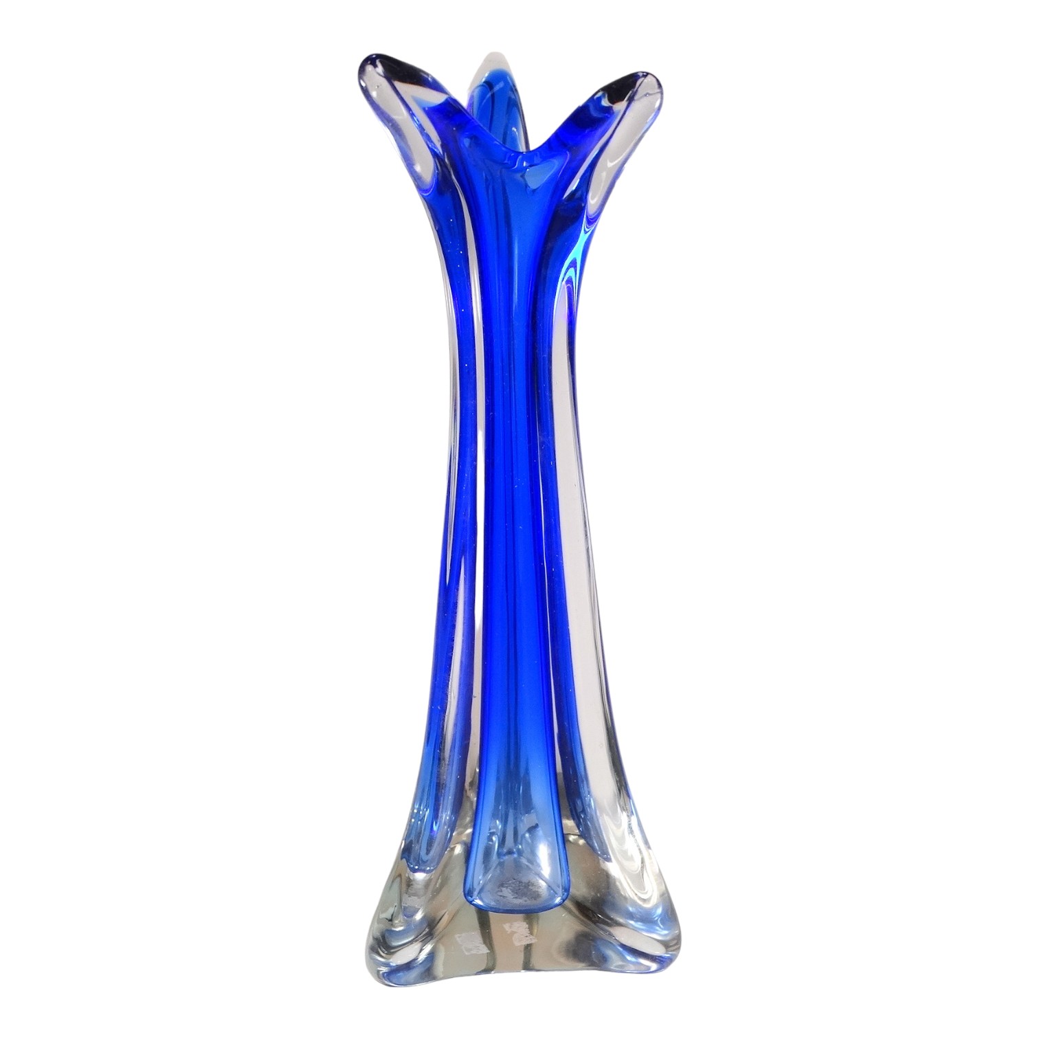 A Summerso stem vase - deep blue, of triangular tapering form, height 40cm.