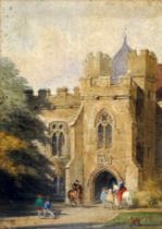 George CATTERMOLE (British 1800-1868) Figures and Riders Outside a Gothic House Watercolour Signed