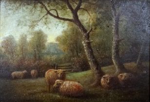 19th Century English School Sheep In A Pasture Oil on panel Framed Picture size 13 x 20cm Overall