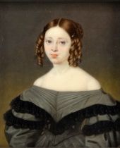 19th Century British School Portrait miniature of Caroline Downing, wearing a grey dress Picture