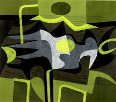 Linda & Peter GREEN (British 20th Century) Yellow Nightland Linocut in colours Signed, titled,