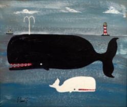 # Steve CAMPS (Cornish Contemporary b.1957) Big Whale And Calf, Lighthouse and Schooner Acrylic on