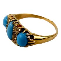 A diamond and turquoise set ring - in a yellow metal band, size S, 4.8g