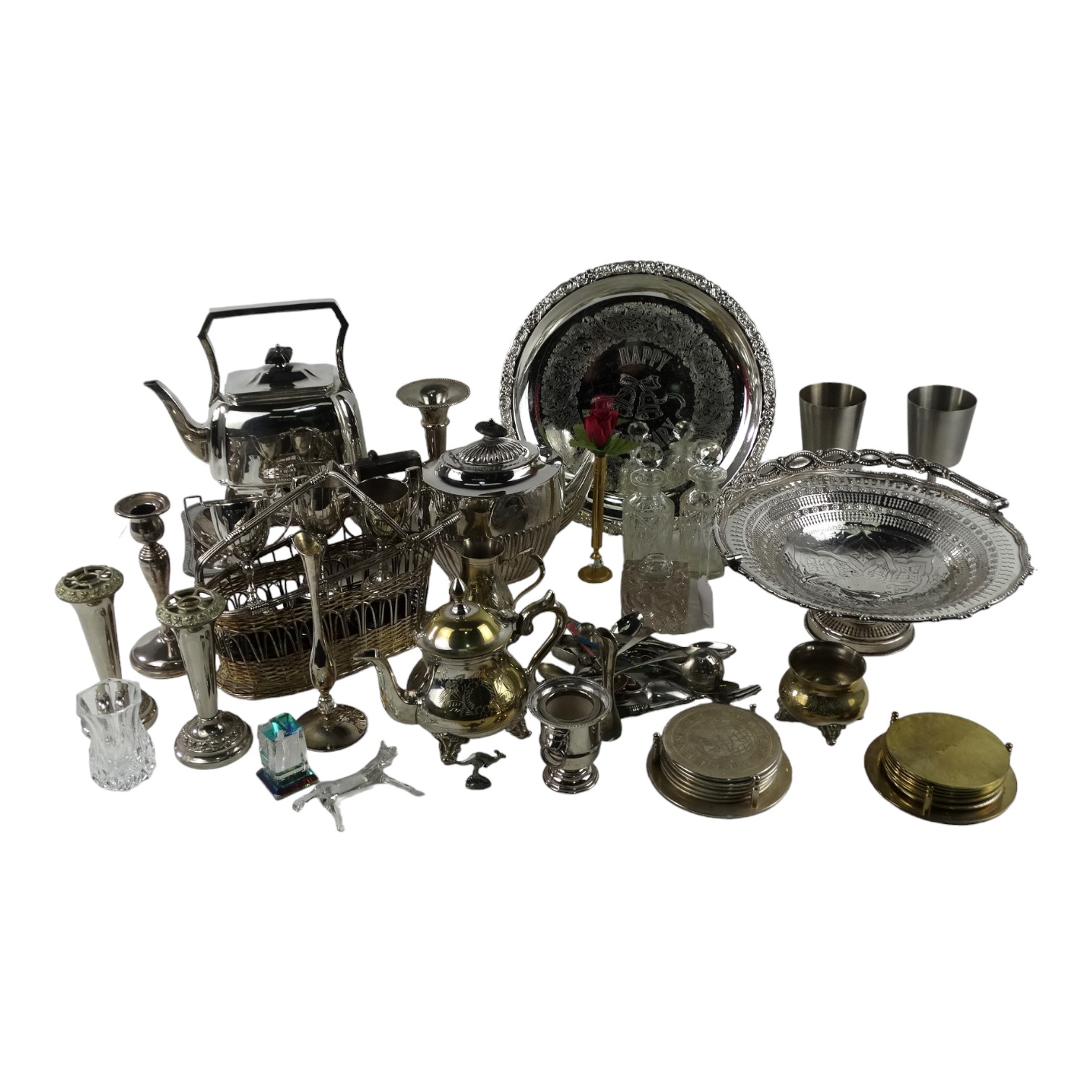 A quantity of 20th century plated wares - including a kettle with stand and burner, teaware items,