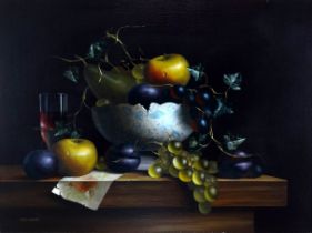 # Mike WOODS (British b.1967) Still Life of Fruit in a Blue and White Bowl Oil on canvas Signed