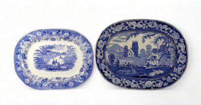 A mid 19th century blue and white ashette - transfer decorated with figures at a gate and church