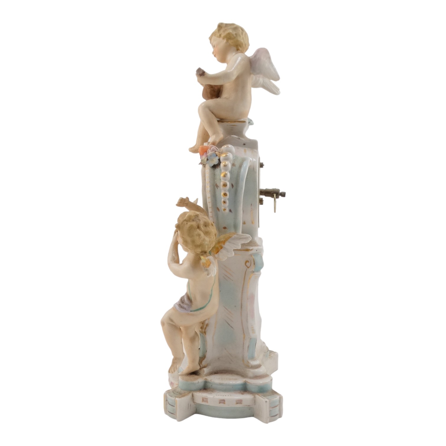 An early 20th century German porcelain mantel clock - modelled with three cherubs about a central - Image 13 of 16