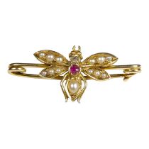 A 9ct gold insect brooch - set with a diamond, ruby and pearl, weight 2.8g.