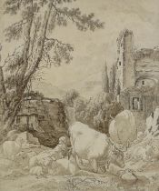 After Johann Heinrich ROOS (German 1631-1685) Cattle and Figures in an Italianate Landscape Pen
