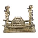 A continental white metal articulated model of two men carrying a crate of Gouda cheese - Dutch