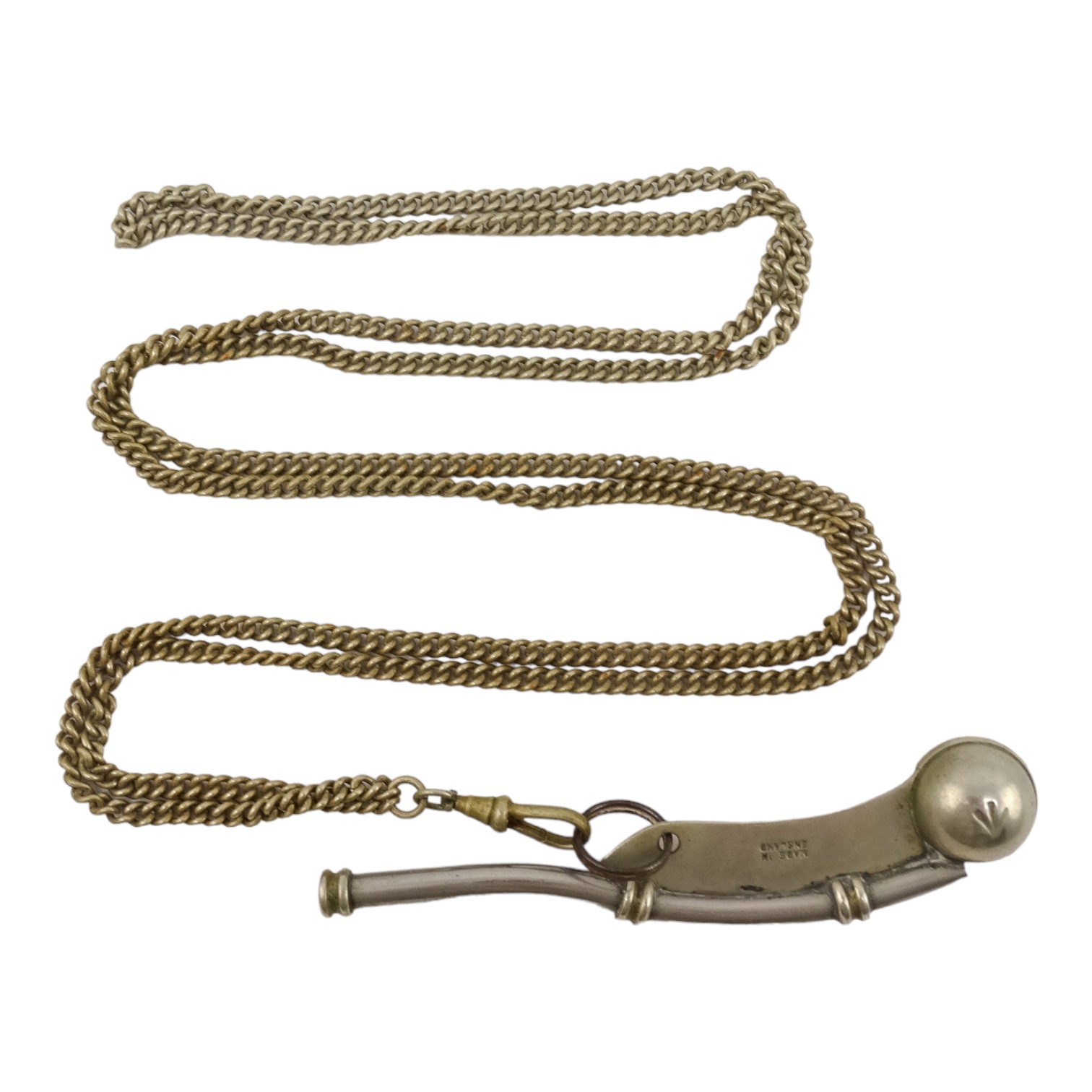 An early 20th century bosun's whistle - nickel plated with crow's foot mark on a long chain - Image 9 of 10