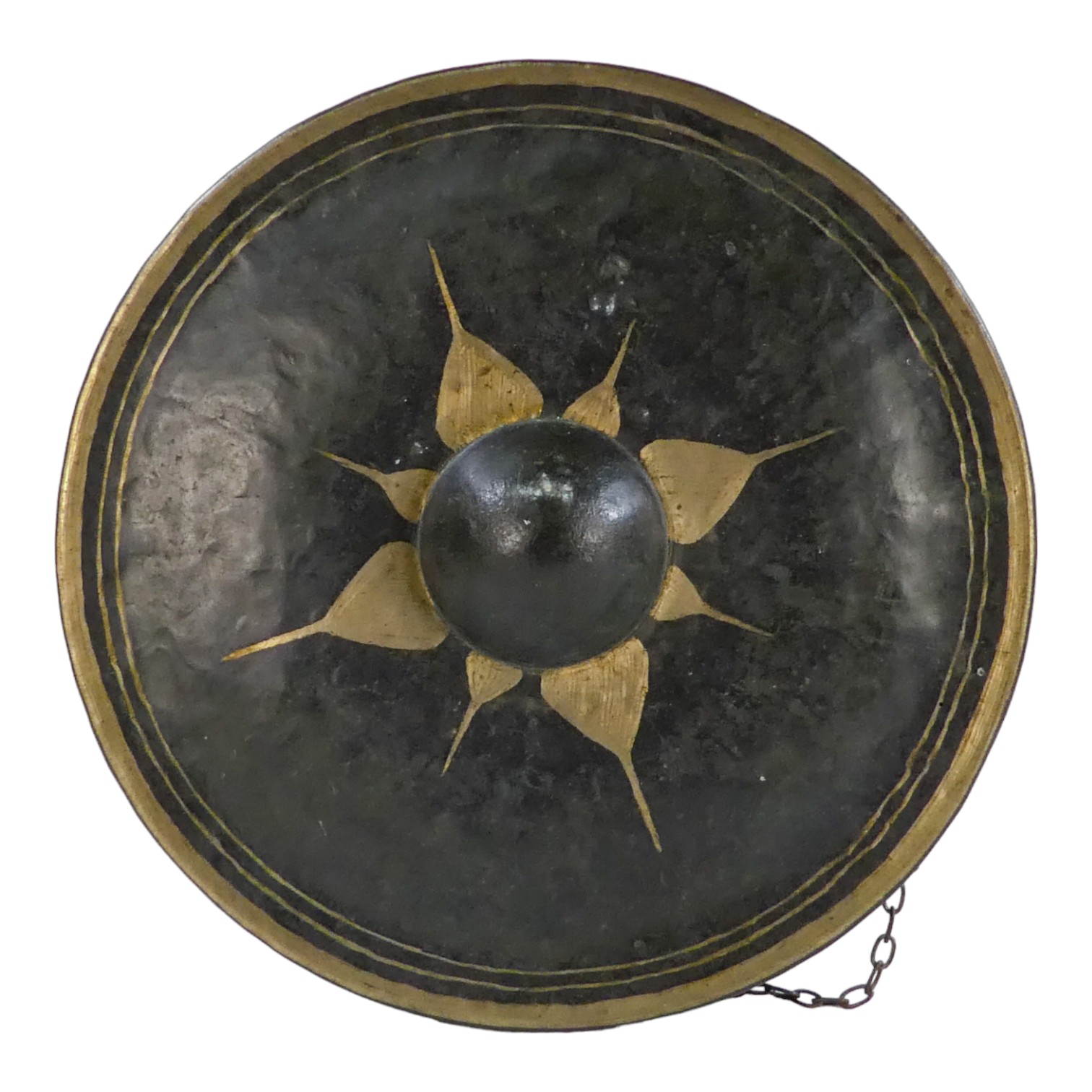 A 20th century oriental bronze gong - circular with domed centre and foliate or sun-burst