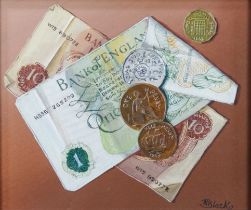 # Norman BLACK (British 1920-1999) Pre Decimal Bank Notes and Coins Oil on card Signed lower right