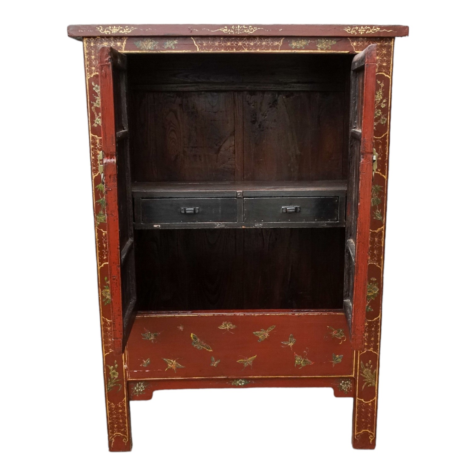 A 19th century Chinese lacquered cabinet - decorated with butterflies and cherry blossom, the pair - Image 7 of 7