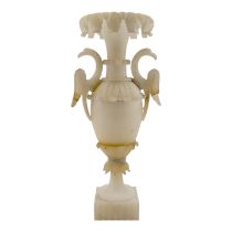 A late 19th century alabaster vase - the top with leaf drops above twin handles in the form of