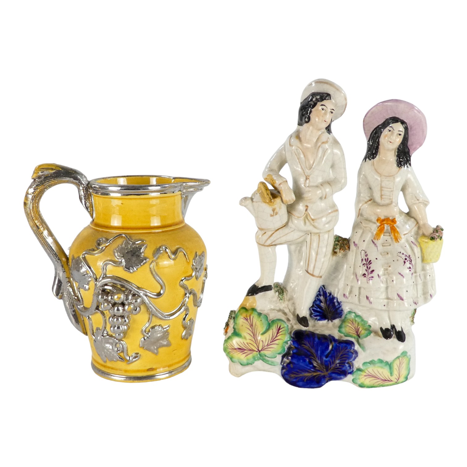 A 19th century Staffordshire figure group - one holding a watering can, the other a basket of - Image 5 of 7